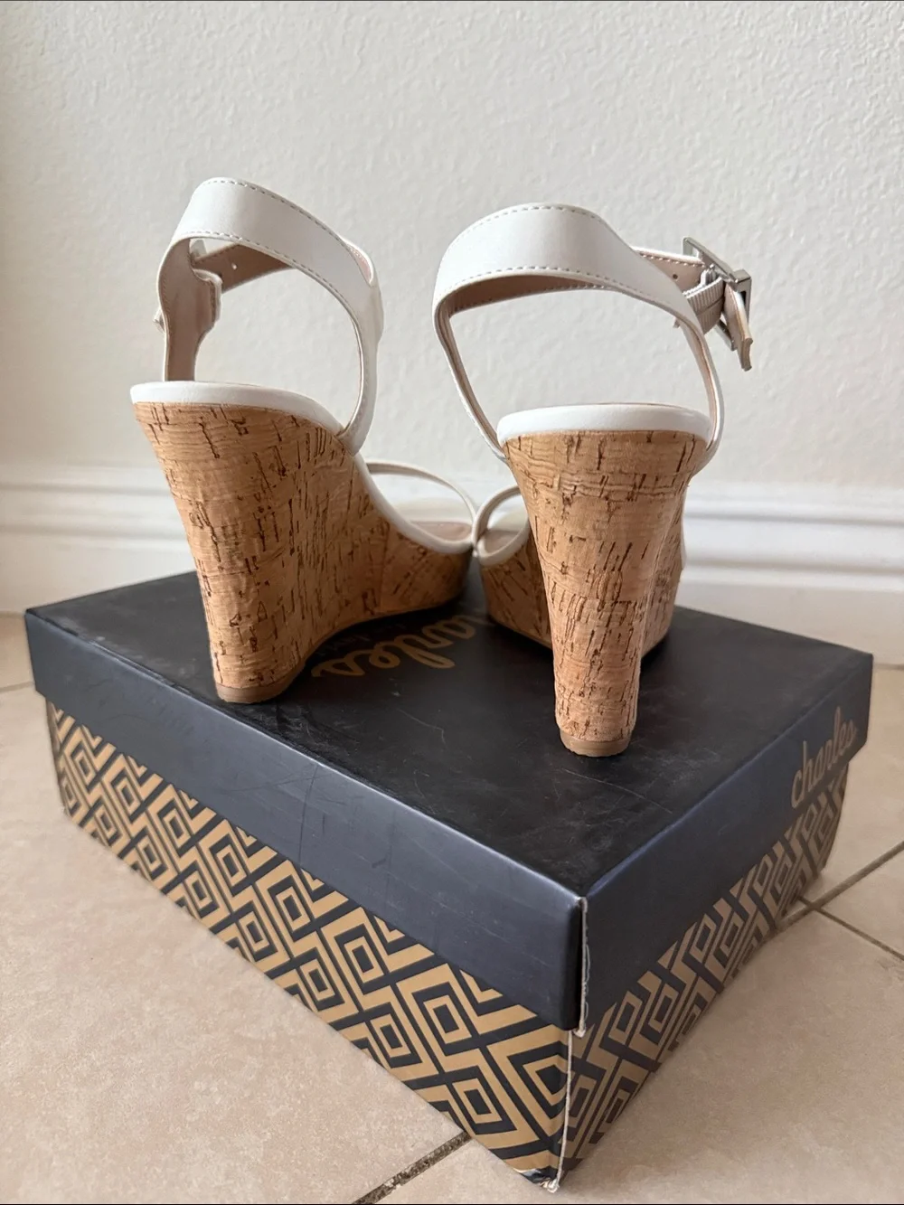 New Charles by Charles David White Cork Wedge Sandals